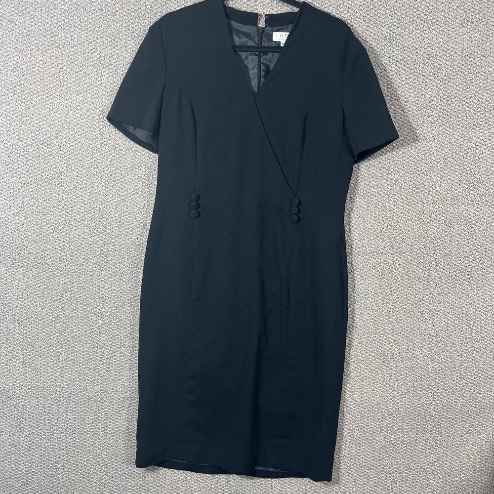 Shomi Dress Womens 10‎ Black Faux Wrap Knee Length Buttons Office Career Work